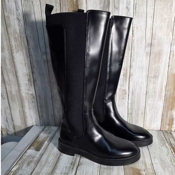 H&M Black Faux Leather Knee High Boots Chunky Sole Elastic Panel Size 38 - Picture 9 of 9
